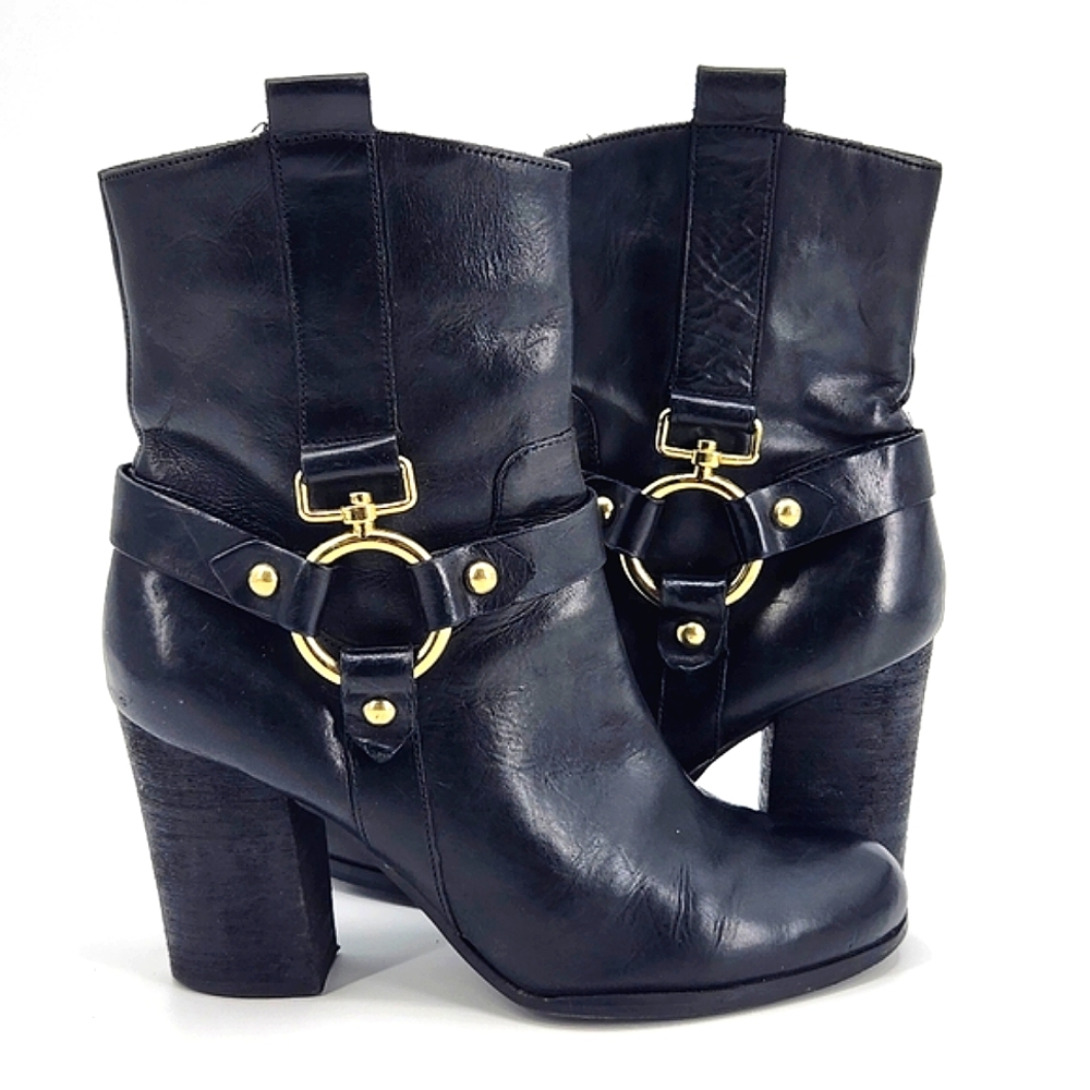 Guess Dari Black Leather Harness Mid Calf Boots Booties Womens Size 7.5